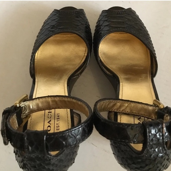 Coach Chocolate python leather open toe ankle strap wedge heels Sz 7B Women - Picture 13 of 14
